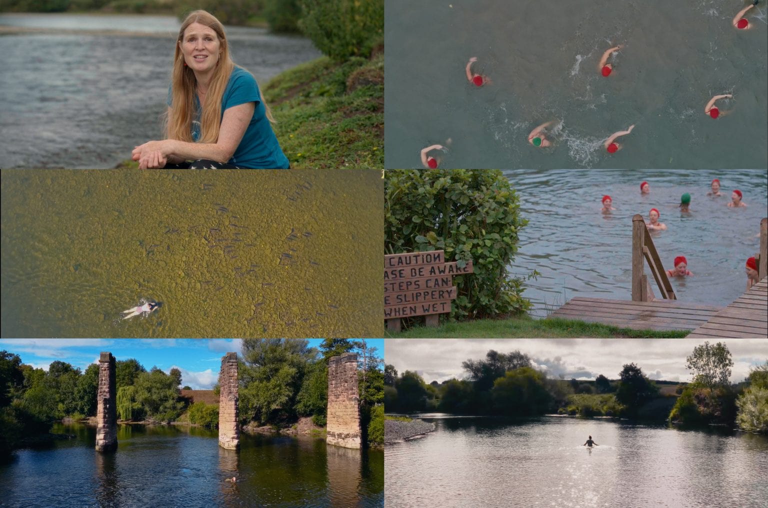 Relaxed woman by river with swimmers and scenic views in the UK.